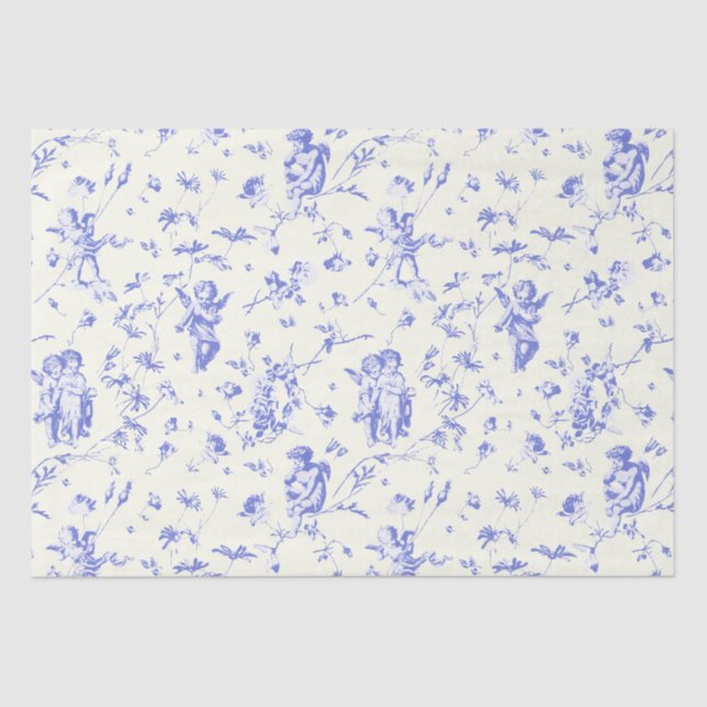 Papel De Seda Cherub Cupido Ángulos Azules Florales (Anverso)