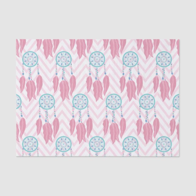 Papel De Seda Chevron Bohemia Verde azulada con guijarros rosado (Anverso)