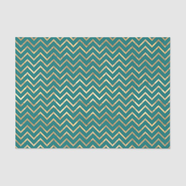 Papel De Seda Chevron verde azulado y Relieve metalizado dorado (Anverso)