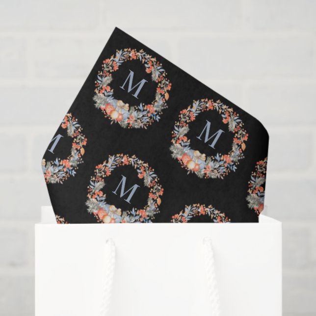 Papel De Seda Chic Black Elegant Monogram Wreath Christmas (Bolsa de regalo)
