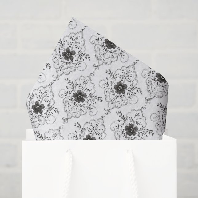 Papel De Seda Chic Flores de Encaje Falso Negro y Blanco para De (Bolsa de regalo)