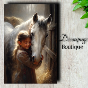 Papel De Seda Chica Abrazando Caballo Blanco Decoupage