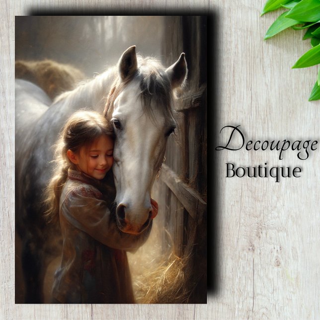 Papel De Seda Chica Abrazando Caballo Blanco Decoupage (Girl Hugging White Horse Decoupage Tissue Paper)