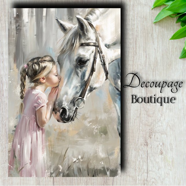 Papel De Seda Chica besando a la basura blanca del caballo (Girl With White Horse Decoupage Tissue Paper)