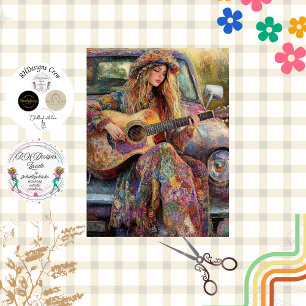Papel De Seda Chica Boho tocando guitarra Camión Vintage Decoupa