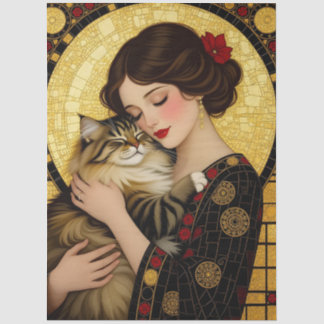 Papel De Seda Chica Bonita Abraza Gato Arte Nouveau Decoupage