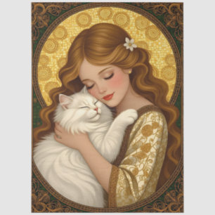 Papel De Seda Chica Bonita Abraza Gato Arte Nouveau Decoupage