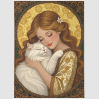 Papel De Seda Chica Bonita Abraza Gato Arte Nouveau Decoupage