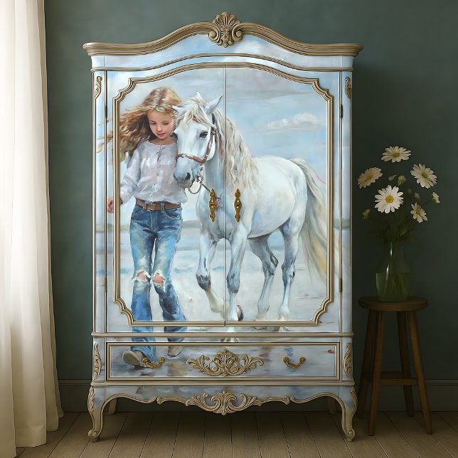 Papel De Seda Chica camina por la desembarcadera de White Horse  (Blonde Girl Walks White Horse Beach Farmhouse Decoupage Tissue Paper)