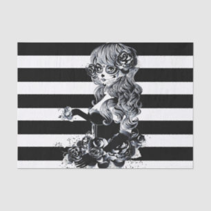 Papel De Seda Chica de azúcar calavera bonita rayada en blanco y