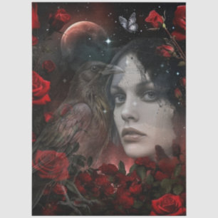 Papel De Seda Chica gótica oscura rosas rojas y cuervo arte abst