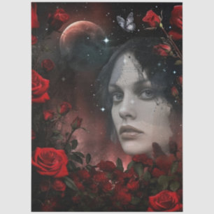 Papel De Seda Chica gótica oscura rosas rojas y luna arte abstra