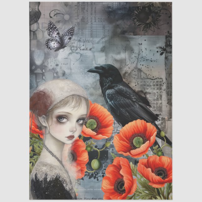 Papel De Seda Chica gótico oscuro Raven Red Poppies Resumen Arte (Anverso)