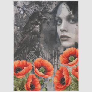 Papel De Seda Chica gótico oscuro Raven Red Poppies Resumen Arte