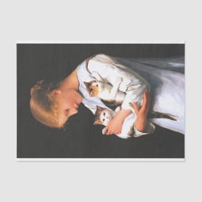 Papel De Seda Chica joven sosteniendo dos gatos  (Anverso)