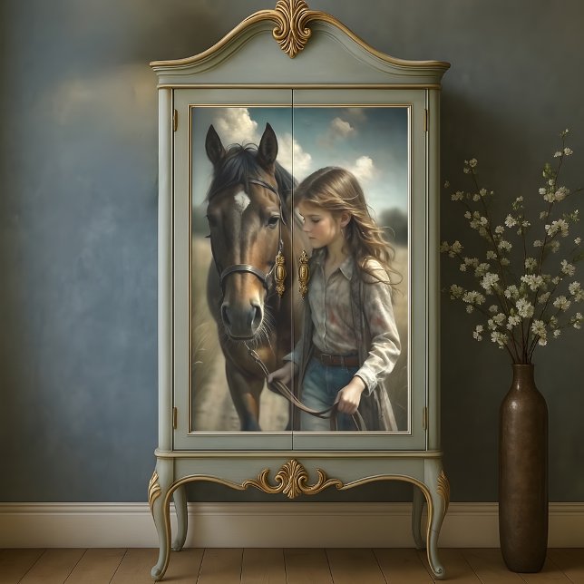 Papel De Seda Chica Morena Caballo Marrón País Rústico Decoupage (Brunette Girl Brown Horse Rustic Country Decoupage Tissue Paper)