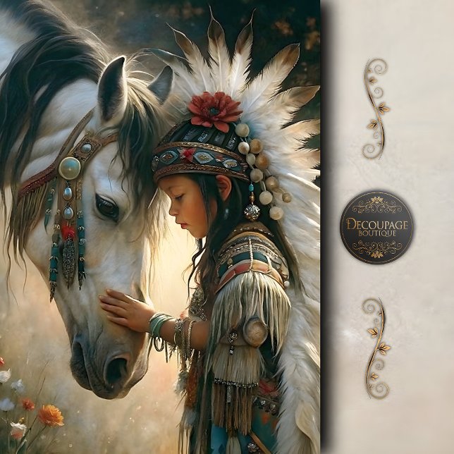 Papel De Seda Chica Nativa con Caballo Blanco Decoupage (Native Girl with White Horse)