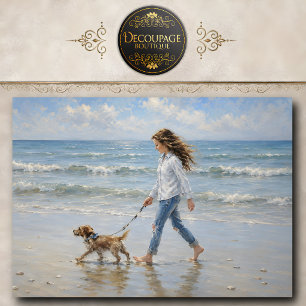 Papel De Seda Chica paseando al perro playa decoupage