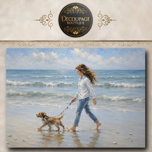 Papel De Seda Chica paseando al perro playa decoupage (Girl Walking Dog Beach Decoupage Tissue Paper)