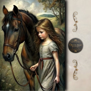 Papel De Seda Chica paseando caballo Escena de decoupage campest