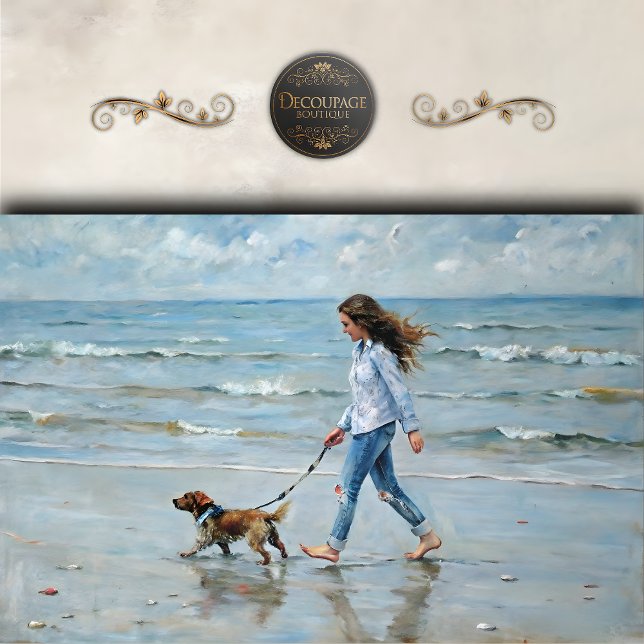 Papel De Seda Chica Paseando Perro en la Playa Decoupage (Girl Walking Don on Beach Decoupage Tissue Paper)