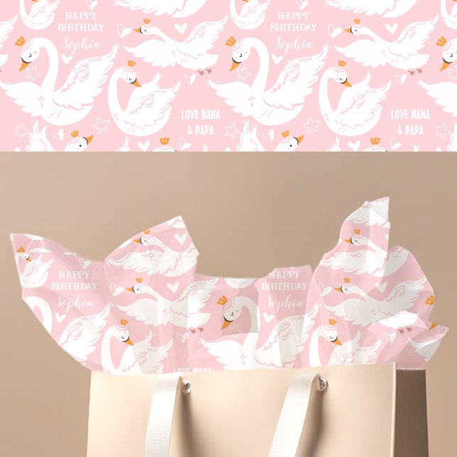 Papel De Seda Chica Swan Nombre de cumpleaños Blanco rosado (Swan Girl Birthday Name Pink White Tissue Paper)
