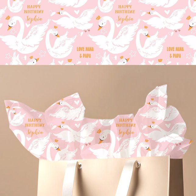 Papel De Seda Chica Swan Nombre de cumpleaños Rosa (Swan Girl Birthday Name Pink Tissue Paper)