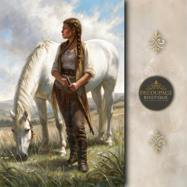 Papel De Seda Chica Trenzada Con Decoupage De Pradera De Caballo (Braided Girl With White Horse Meadow Decoupage Tissue Paper)