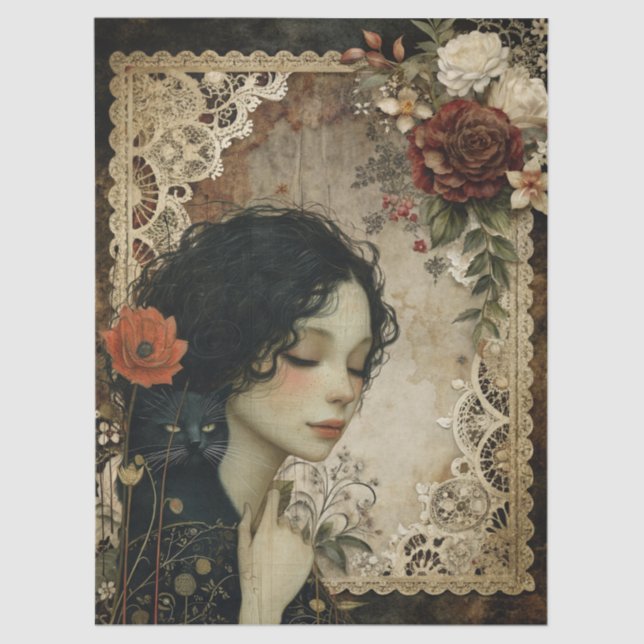 Papel De Seda Chica único elegante y flores de jardín de gatos n (Anverso)