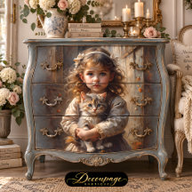 Chica Victoriana con Pecas y Gato en Decoupage