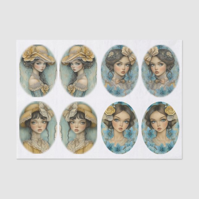 Papel De Seda Chicas Elegantes Grunge Flores Azul Verde Amarillo (Anverso)