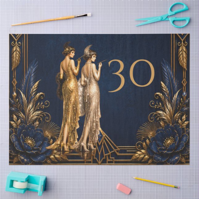 Papel De Seda Chicas flapper Art Deco decoupage azul dorado Gats (Artesanía)