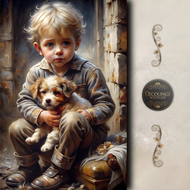 Papel De Seda Chico con descomposición de la cosecha rusa de pip (Boy with Puppy Rustic Vintage Decoupage Tissue Paper)