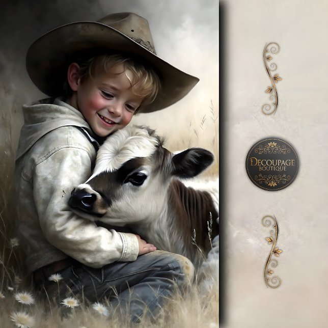Papel De Seda Chico Vaquero Abrazando Ternero Decoupage (Cowboy Boy Hugging Calf Decoupage Tissue Paper)