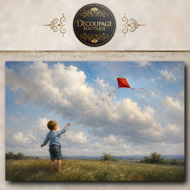 Papel De Seda Chico volando una cometa roja decoupage (Boy Flying Red Kite Decoupage Tissue Paper)
