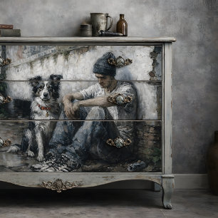 Papel De Seda Chico y Perro Quietud Urbana Lluviosa Decoupage