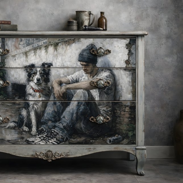 Papel De Seda Chico y Perro Quietud Urbana Lluviosa Decoupage (Boy and Dog Rainy Urban Stillness Decoupage Tissue Paper)