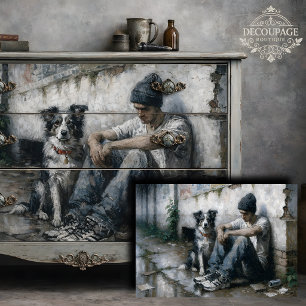 Papel De Seda Chico y Perro Quietud Urbana Lluviosa Decoupage