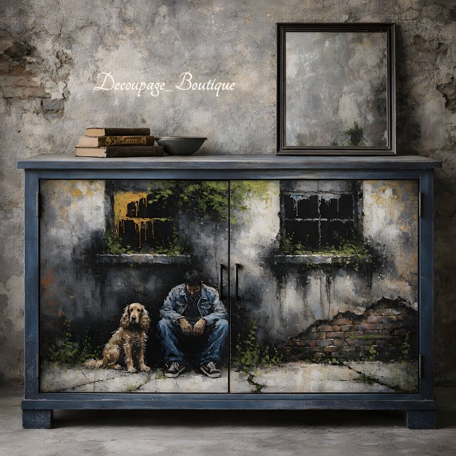 Papel De Seda Chico y Perro Tranquilo Decoupage Urbano Melancóli (Boy and Dog Quiet Urban Decay Moody Decoupage Tissue Paper Mockup)