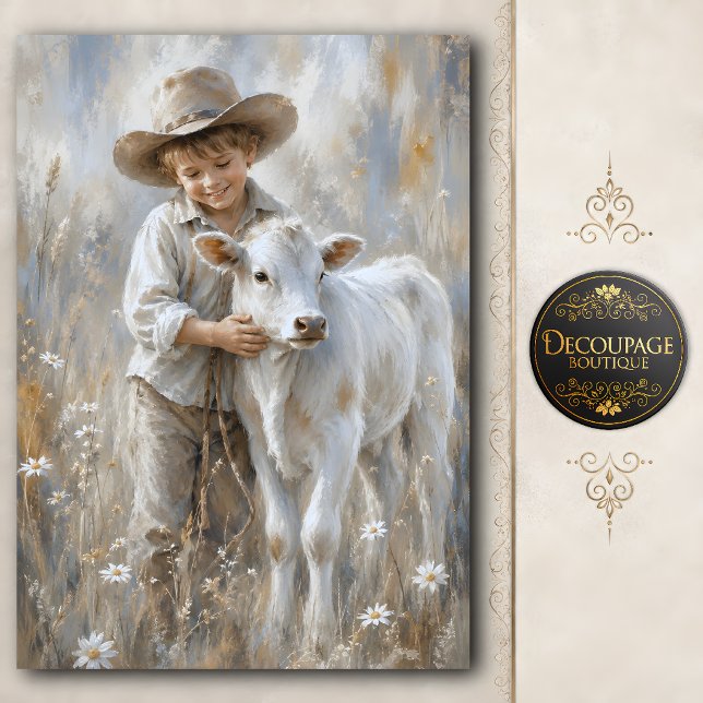 Papel De Seda Chico y ternero granja decoupage (Boy and Calf Farmhouse Decoupage Tissue Paper)