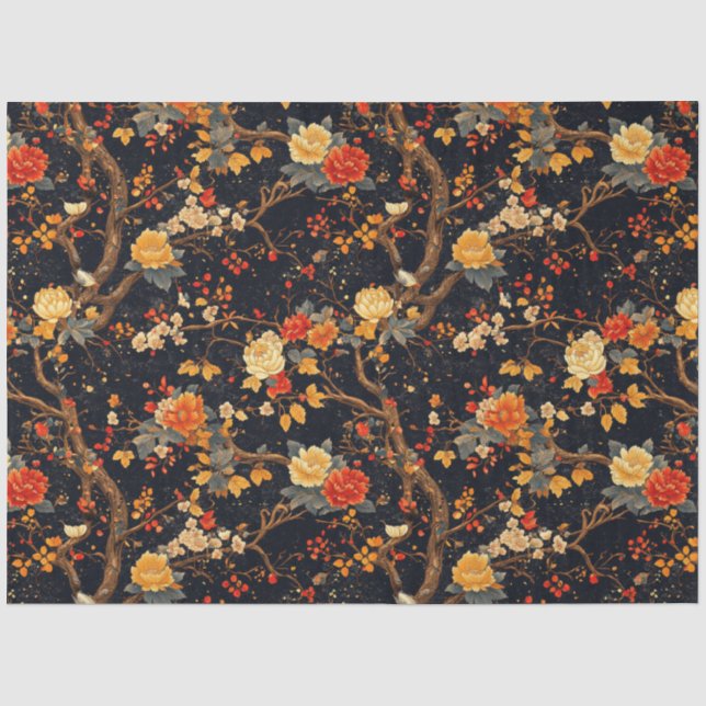 Papel De Seda Chinoisería de hoja naranja negra de otoño (Anverso)