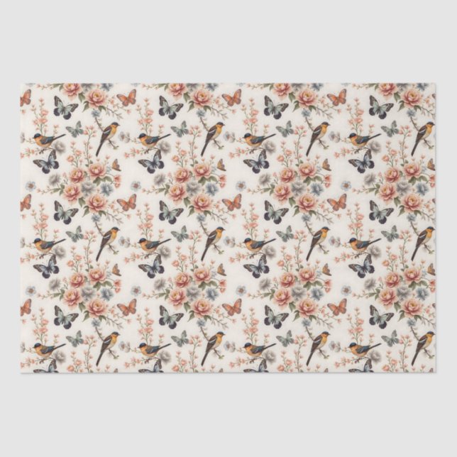 Papel De Seda Chinoiserie Armonía de aves y mariposas (Anverso)