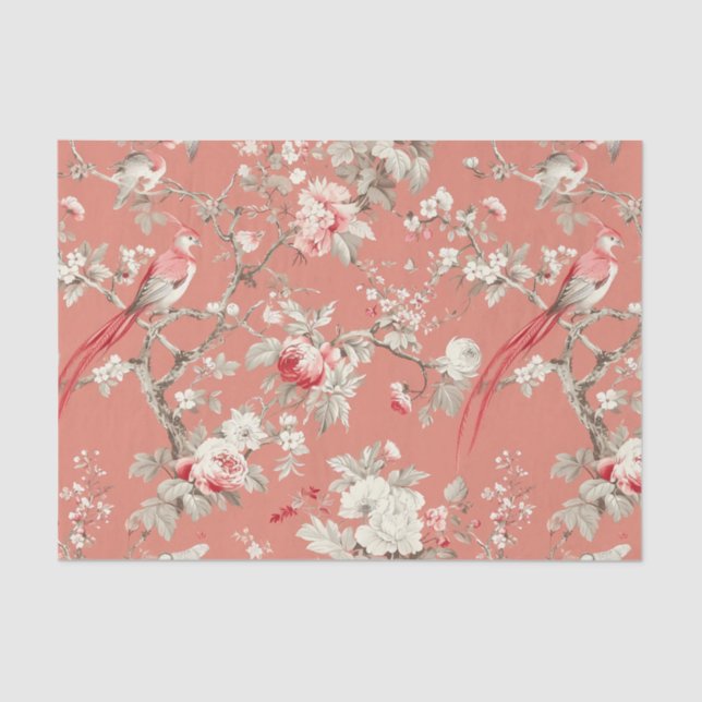 Papel De Seda Chinoiserie Asia Bird Floral WhitePink Decoupage (Anverso)