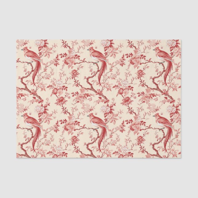 Papel De Seda Chinoiserie Bird Asian Floral Red Pink Decore (Anverso)