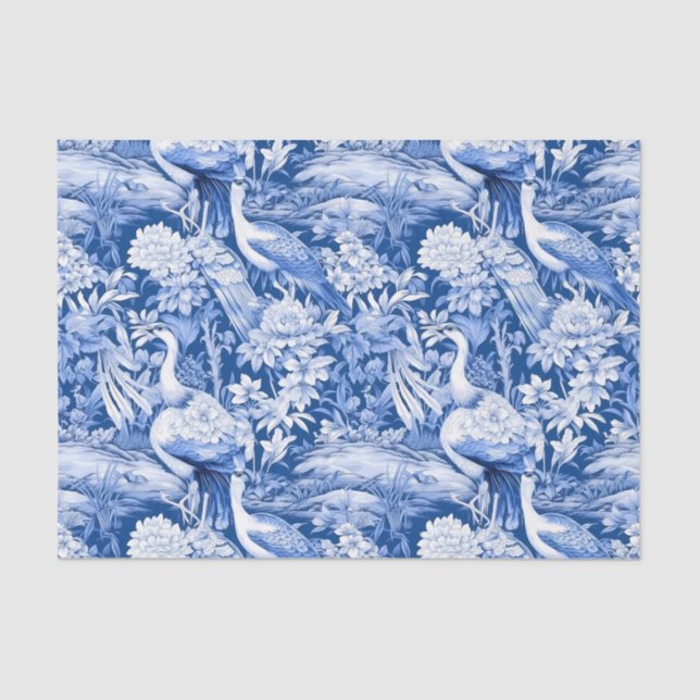 Papel De Seda Chinoiserie Birds Blue White Painting Decoupage (Anverso)