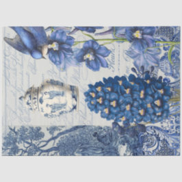 Papel De Seda Chinoiserie Blue Flor Blanco Jar Script Ephemera
