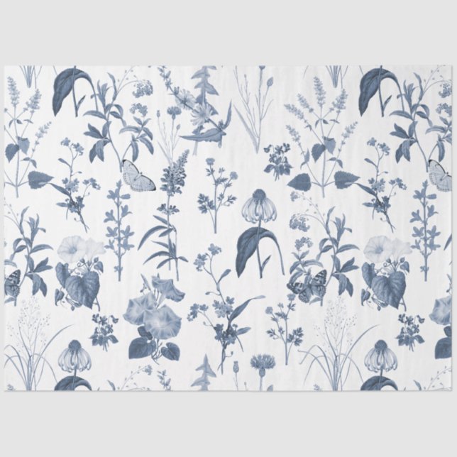 Papel De Seda Chinoiserie Blue White Wildflower Decoupage Floral (Anverso)