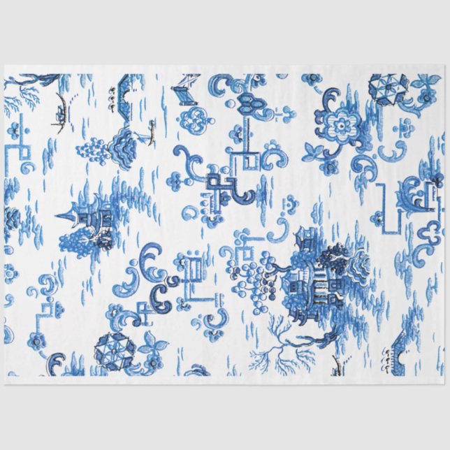 Papel De Seda Chinoiserie de la Pagoda Azul y Blanco (Anverso)