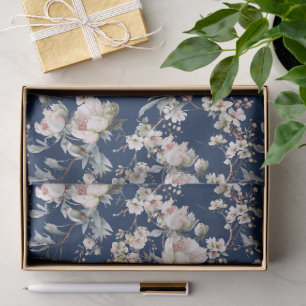 Papel De Seda Chinoiserie Flor y Pájaro Azul Marino