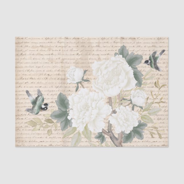 Papel De Seda Chinoiserie Floral Birds Old Handwripage Decoupage (Anverso)